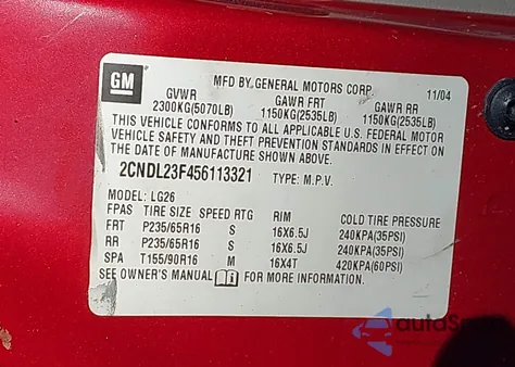 2005 Chevrolet Equinox Ls from USA, damaged, VIN 2CNDL23F456113321